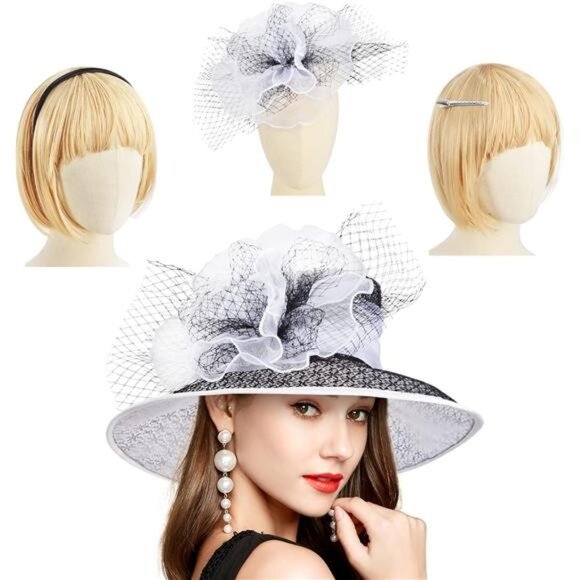 Derby Hats for Women, Classy Organza Sun Hat, White x Black main image 5